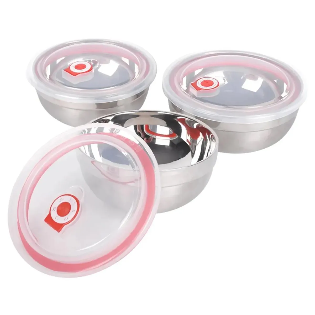 GENERICO - Set 3 Contenedor o bowl de acero con tapa hermética  de 14, 16, 18 cm