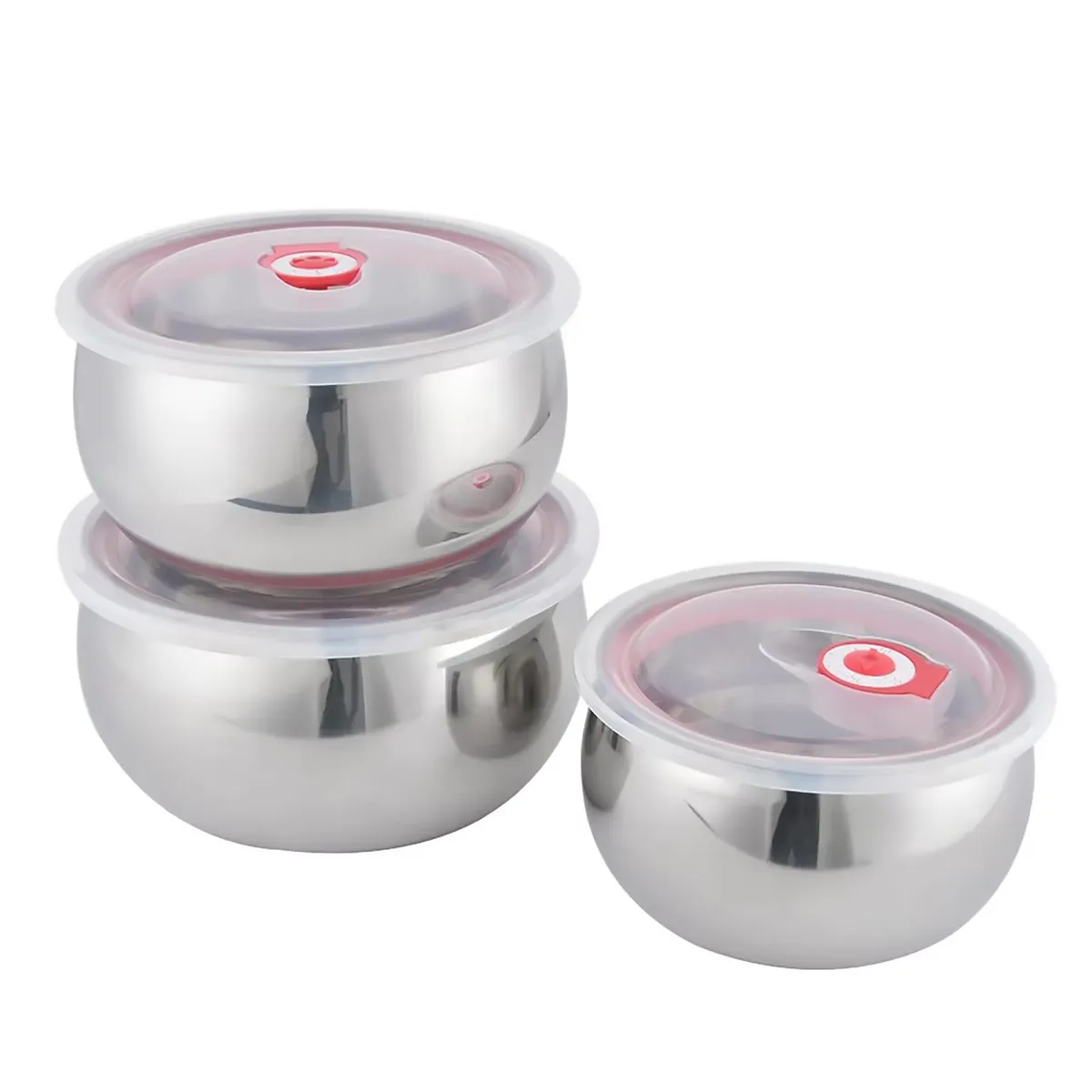 GENERICO - Set 3 Contenedor o bowl de acero con tapa hermética  de 14, 16, 18 cm