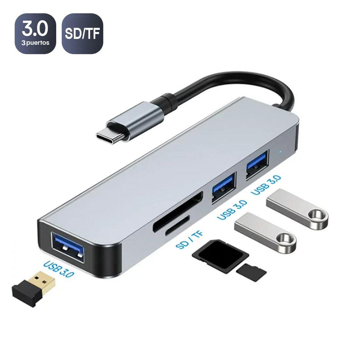 OEM - Adaptador 5 en 1 Tipo C a 3 puertos USB 3.0 y puerto SD/TF con Luz LED