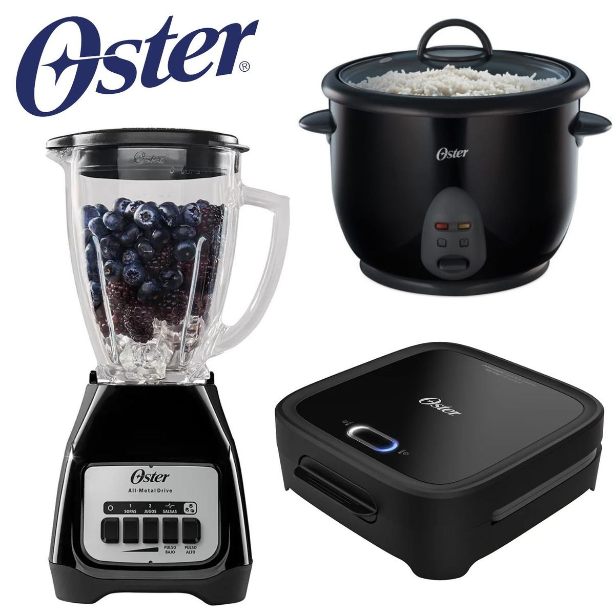 OSTER - Tricombo Oster Licuadora 550W+Arrocera 1,8 Lt+Sanguchera 2 panes Negro