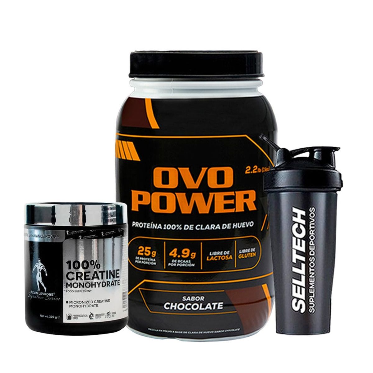 OVOPOWER - Proteína Ovopower 1Kg Chocolate+Creatina Kevin Levrone 300Gr + Shaker