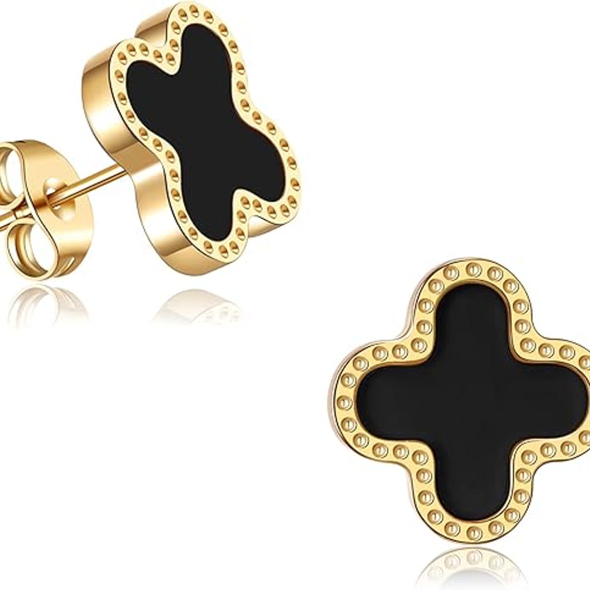 GENERICO - Aretes Trebol Cuatro Hojas con tuercas Negro