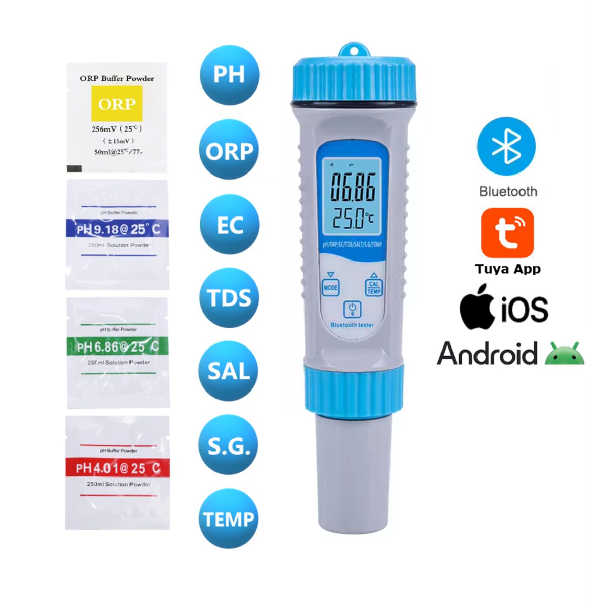 OEM - Medidor de PH 7 en 1 Multiparámetro ORP EC TDS SAL SG Temp + Bluetooth