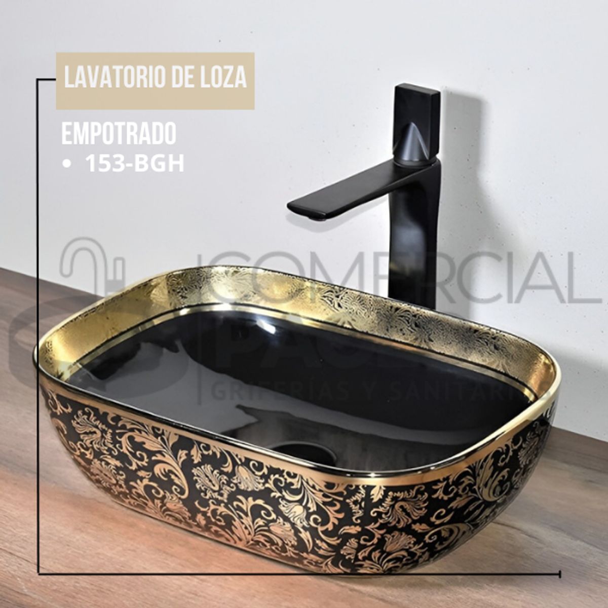 FRATELLI - LAVAMANOS DE LOZA RECTANGULAR NEGRO Y DORADO 153-BGH