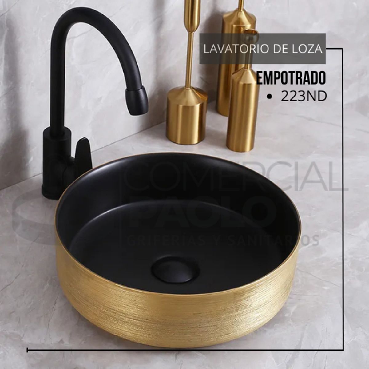 FRATELLI - LAVAMANOS DE LOZA CIRCULAR NEGRO CON DORADO 223