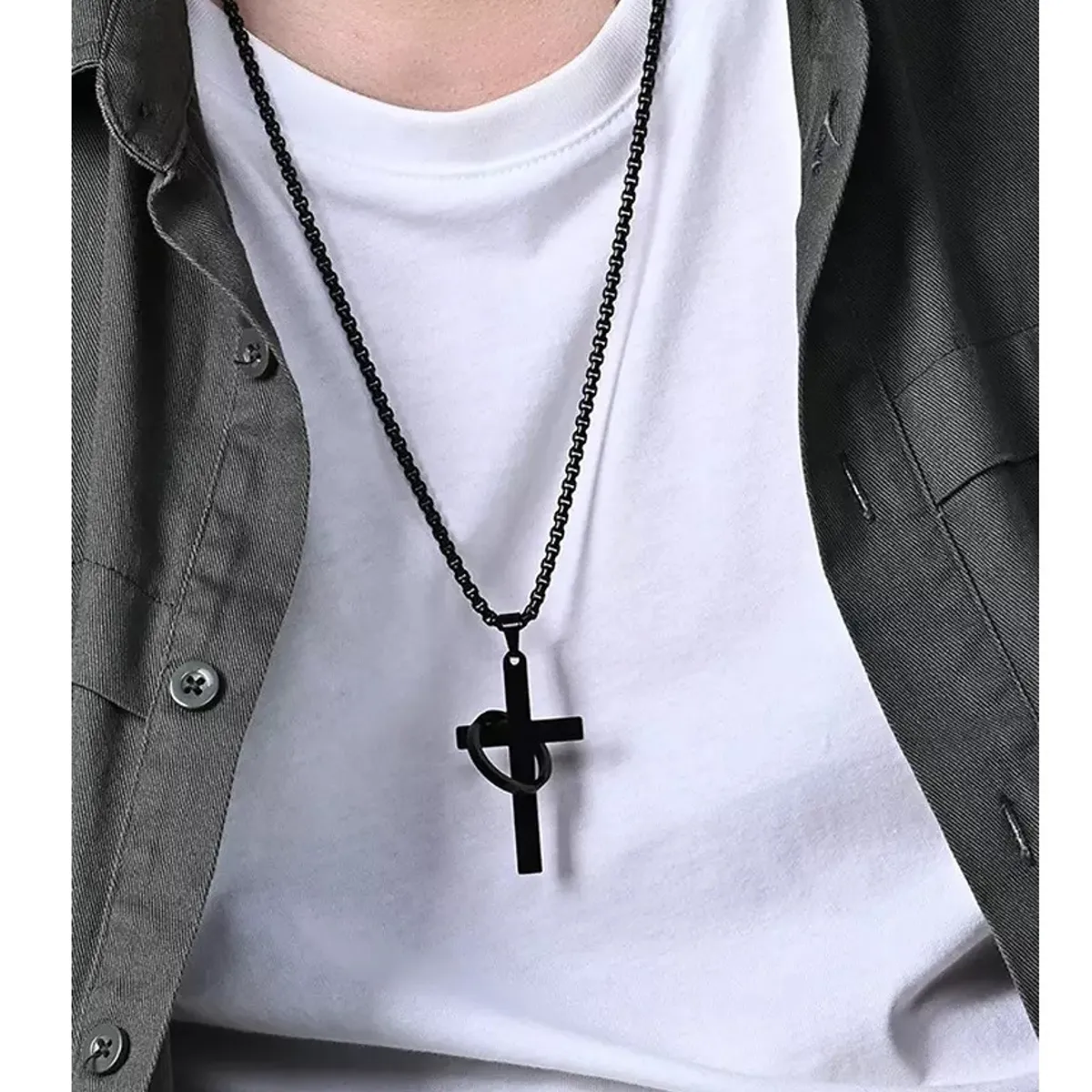 OEM - Collar Hombre Cruz con Aro Acero Inoxidable 316L Negro