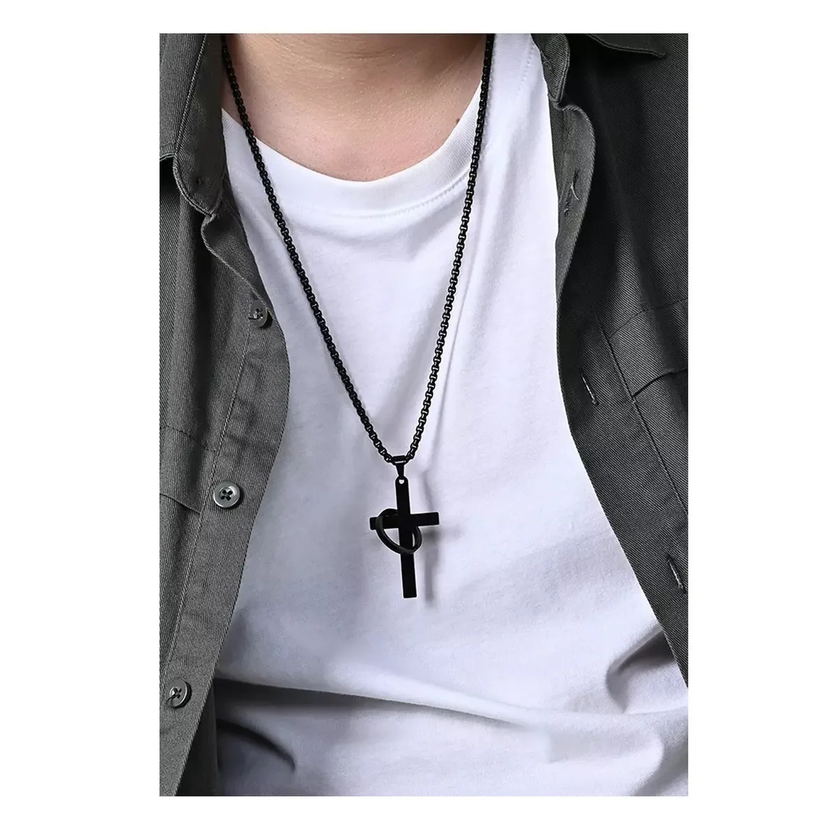 OEM - Collar Hombre Cruz con Aro Acero Inoxidable 316L Negro