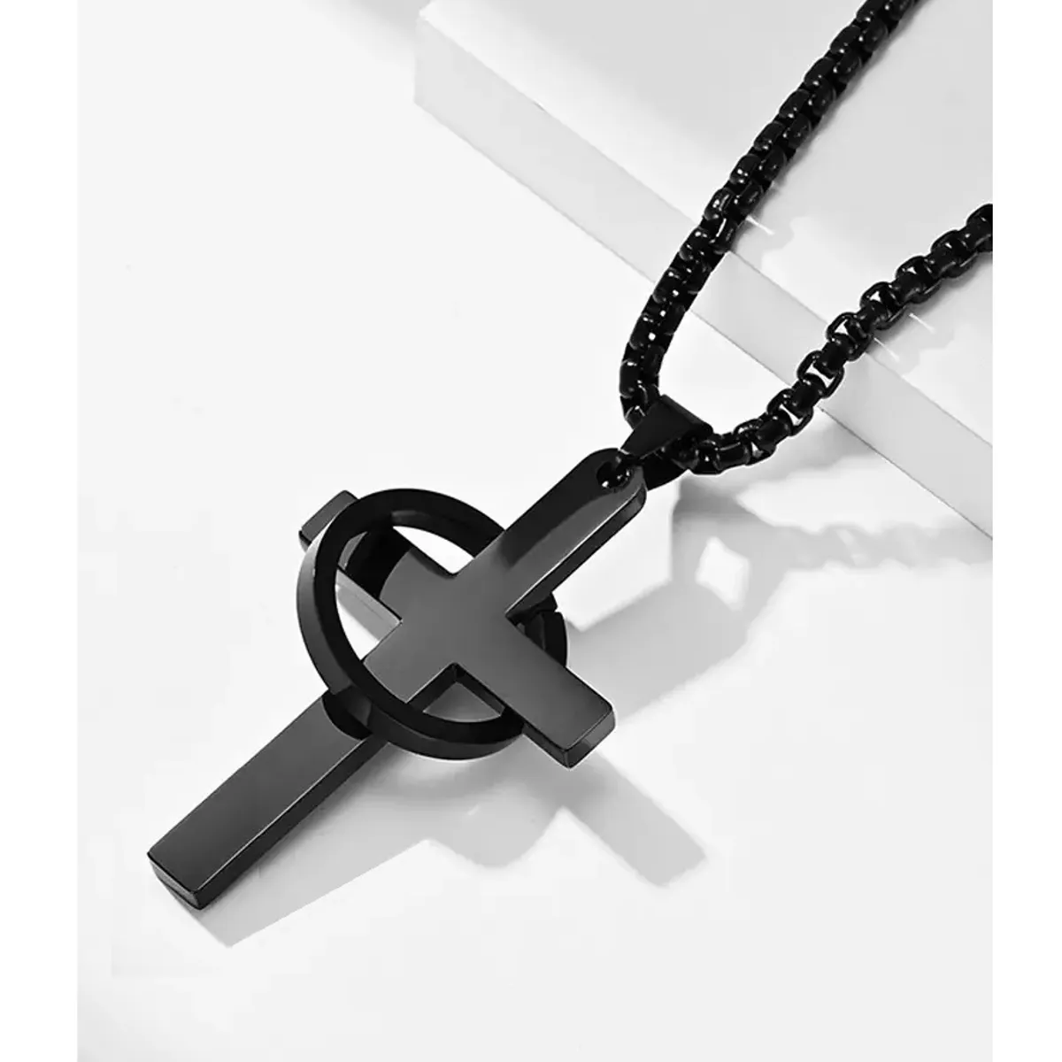 OEM - Collar Hombre Cruz con Aro Acero Inoxidable 316L Negro