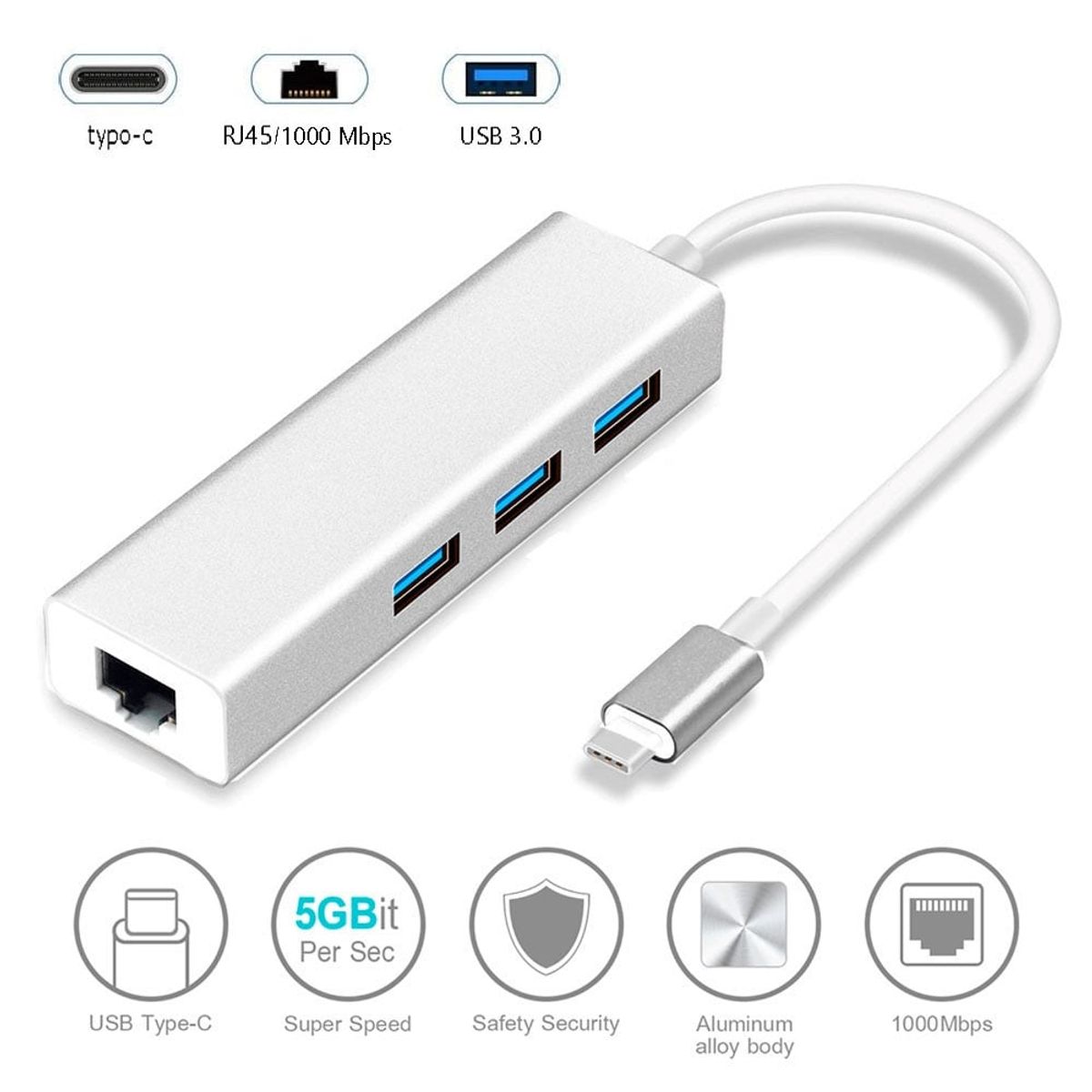 OEM - Adaptador HUB ALUMINIO Tipo C a RJ45 1000 Gigabit + 3 Puertos USB 3.0