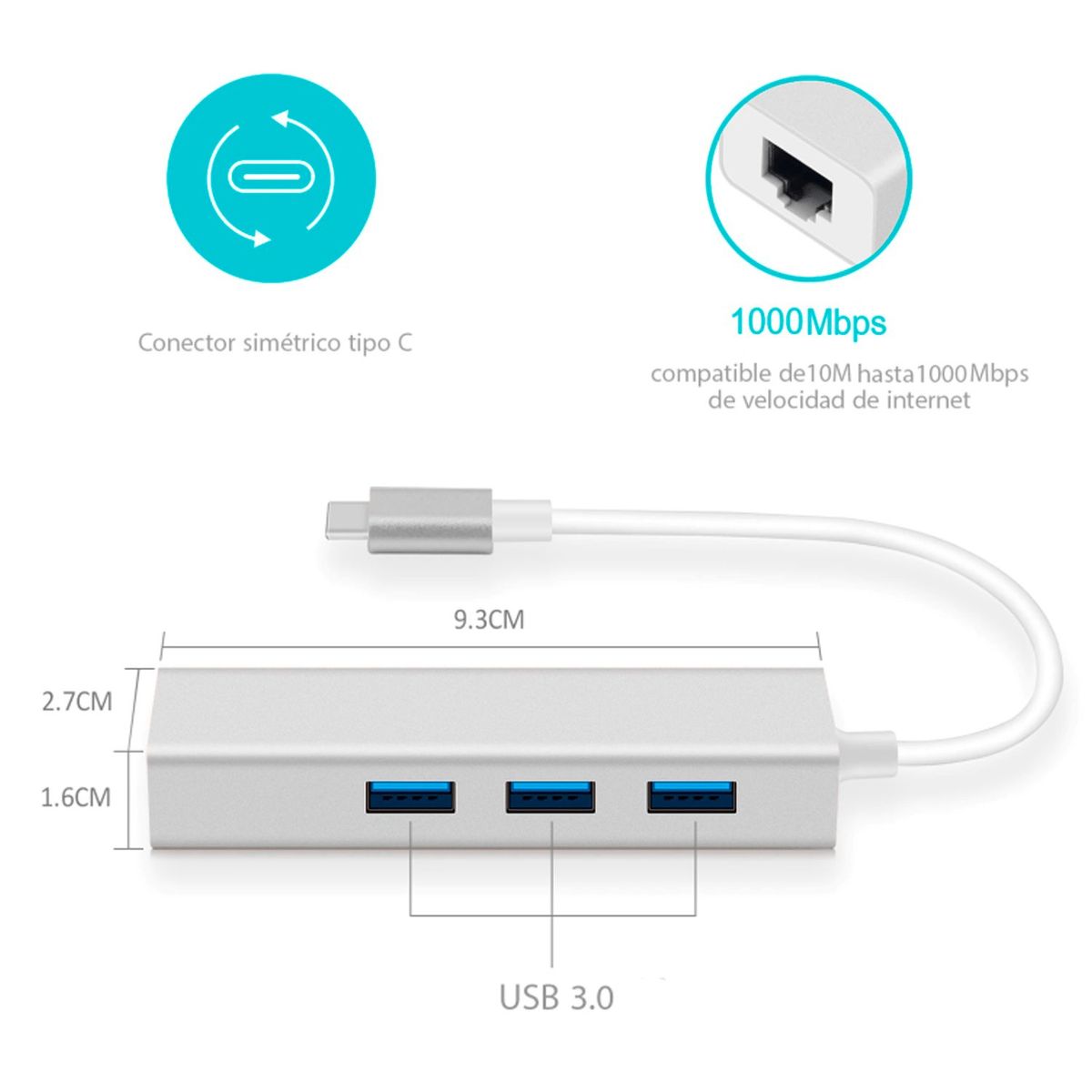 OEM - Adaptador HUB ALUMINIO Tipo C a RJ45 1000 Gigabit + 3 Puertos USB 3.0