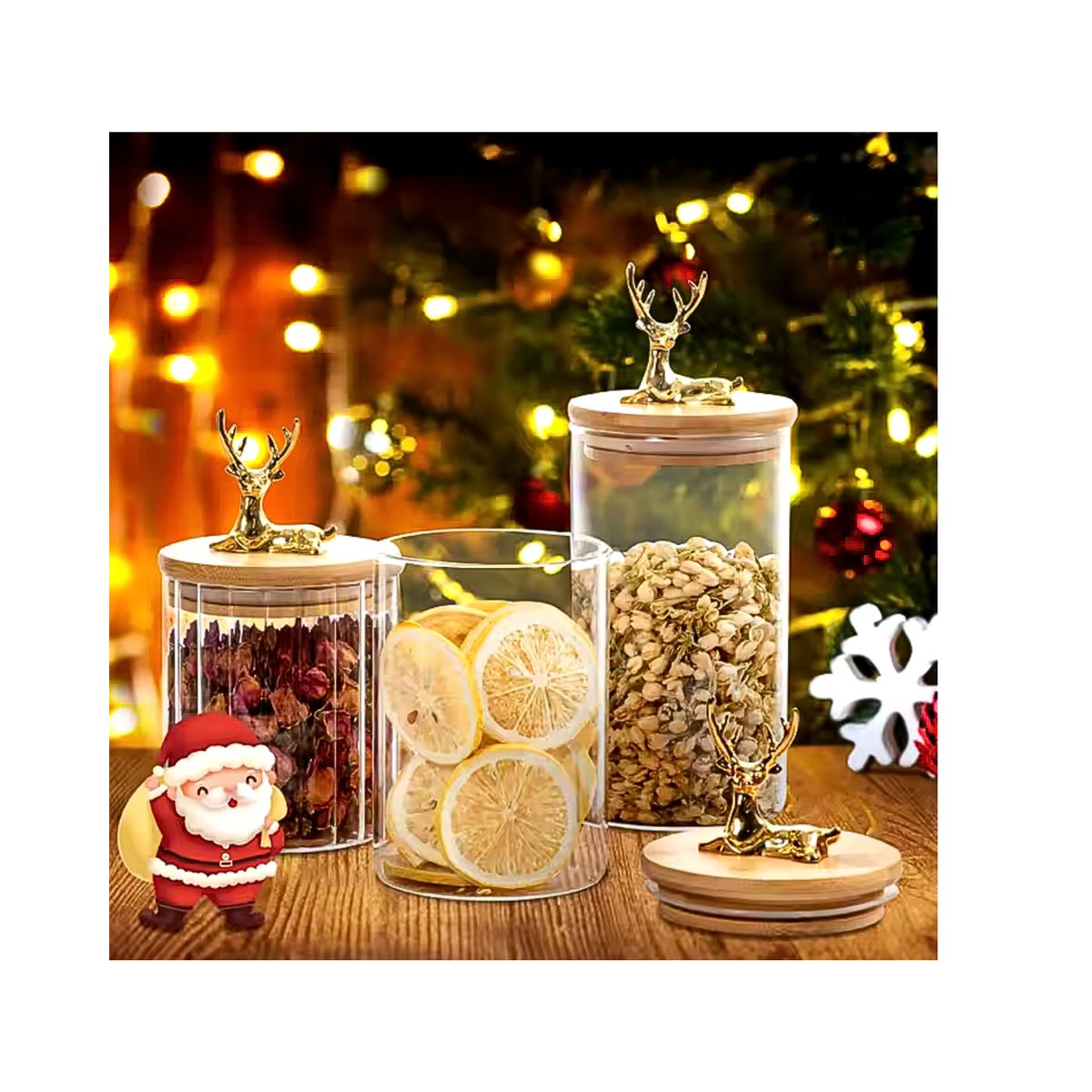 GENERICO - RECIPIENTE DE VIDRIO NAVIDEÑO CON TAPA DE BAMBU PREMIUM