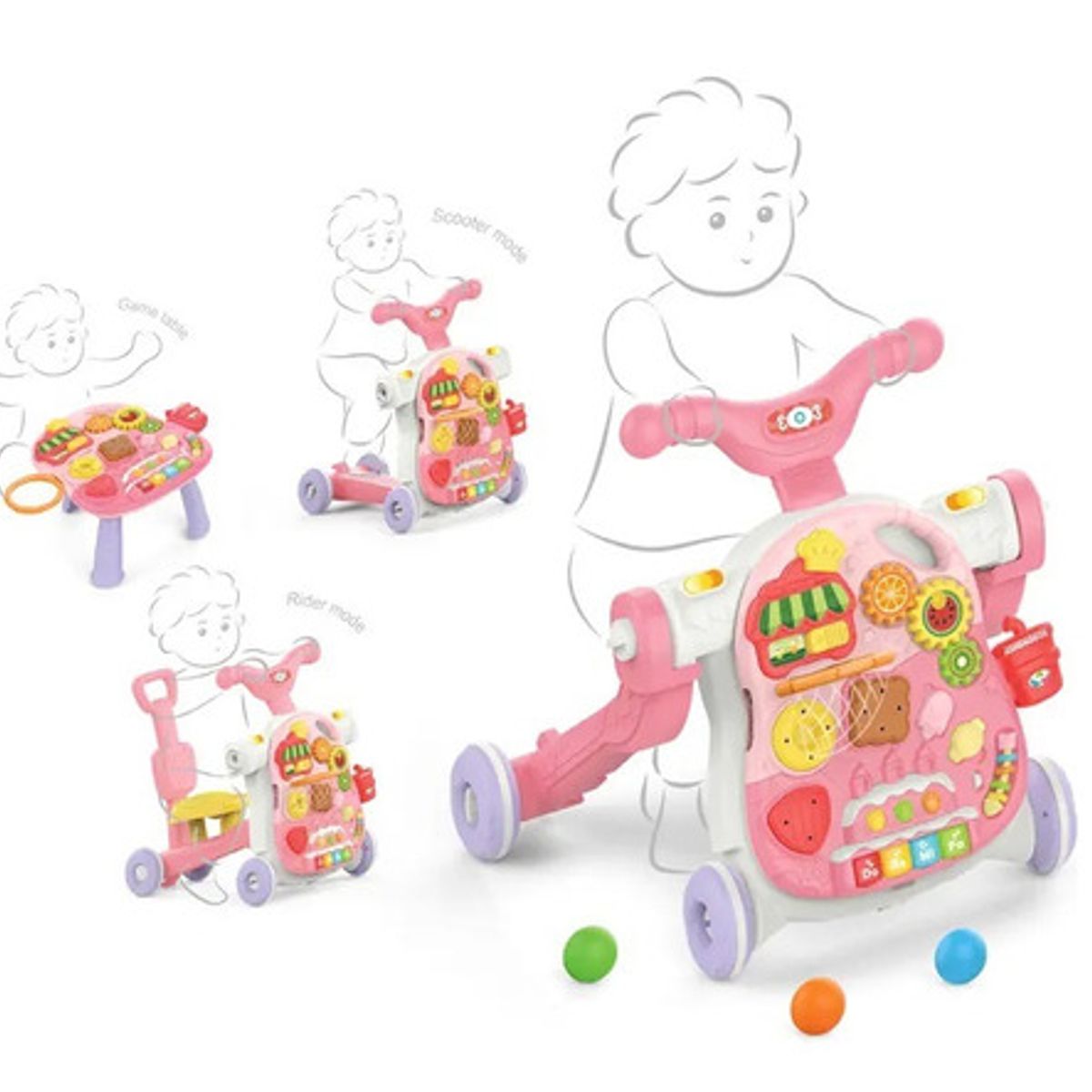 GENERICO - Andador (Caminador) de Bebé 4 en 1 Con luces y musical Rosa