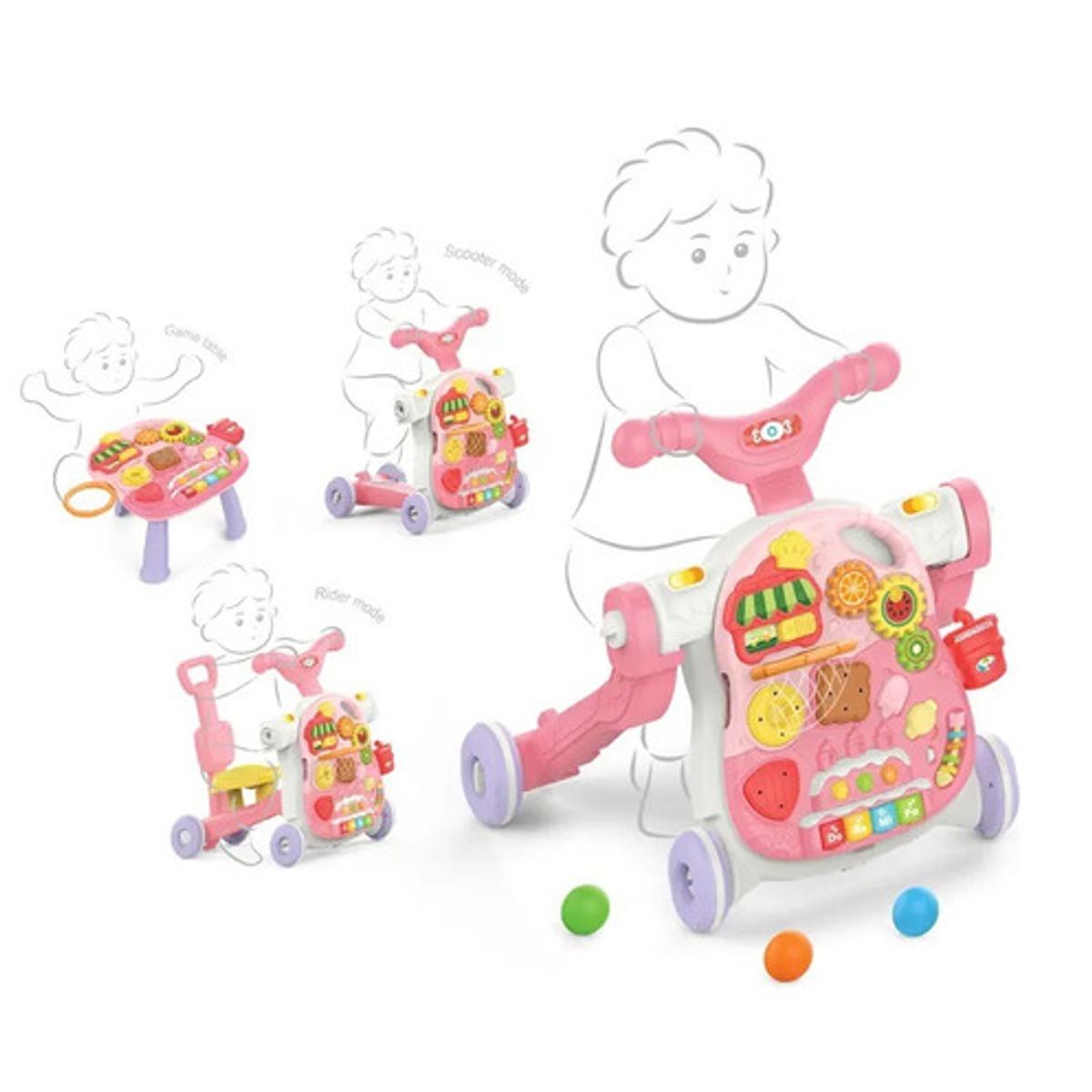 GENERICO - Andador (Caminador) de Bebé 4 en 1 Con luces y musical Rosa