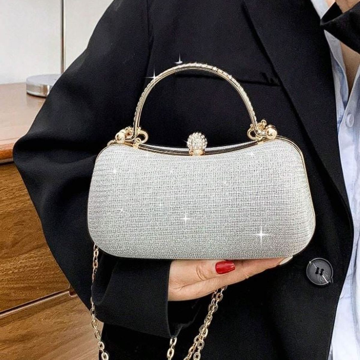 GENERICO - BOLSA DE MANO PLATEADO CON BRILLOS PARA FIESTAS