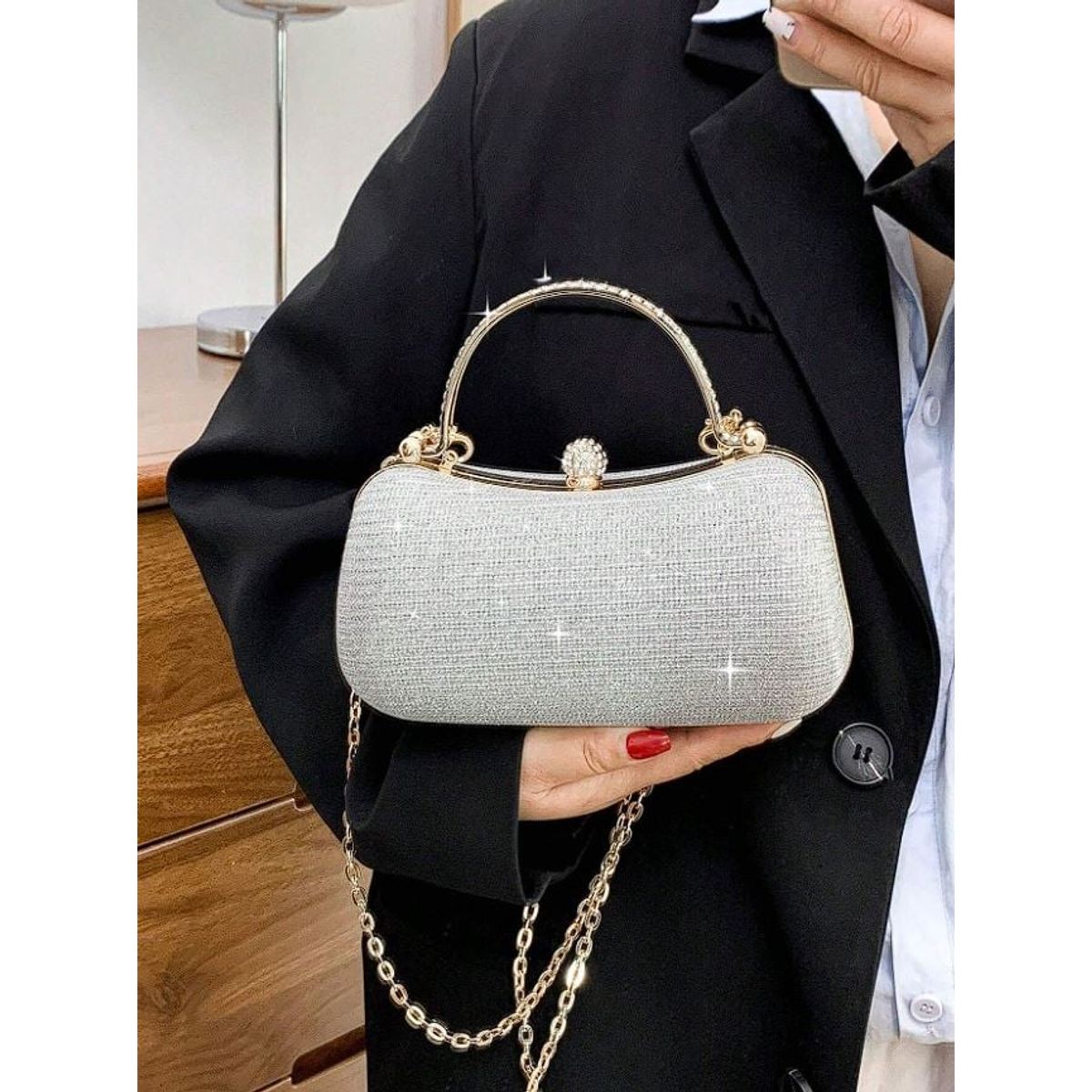 GENERICO - BOLSA DE MANO PLATEADO CON BRILLOS PARA FIESTAS