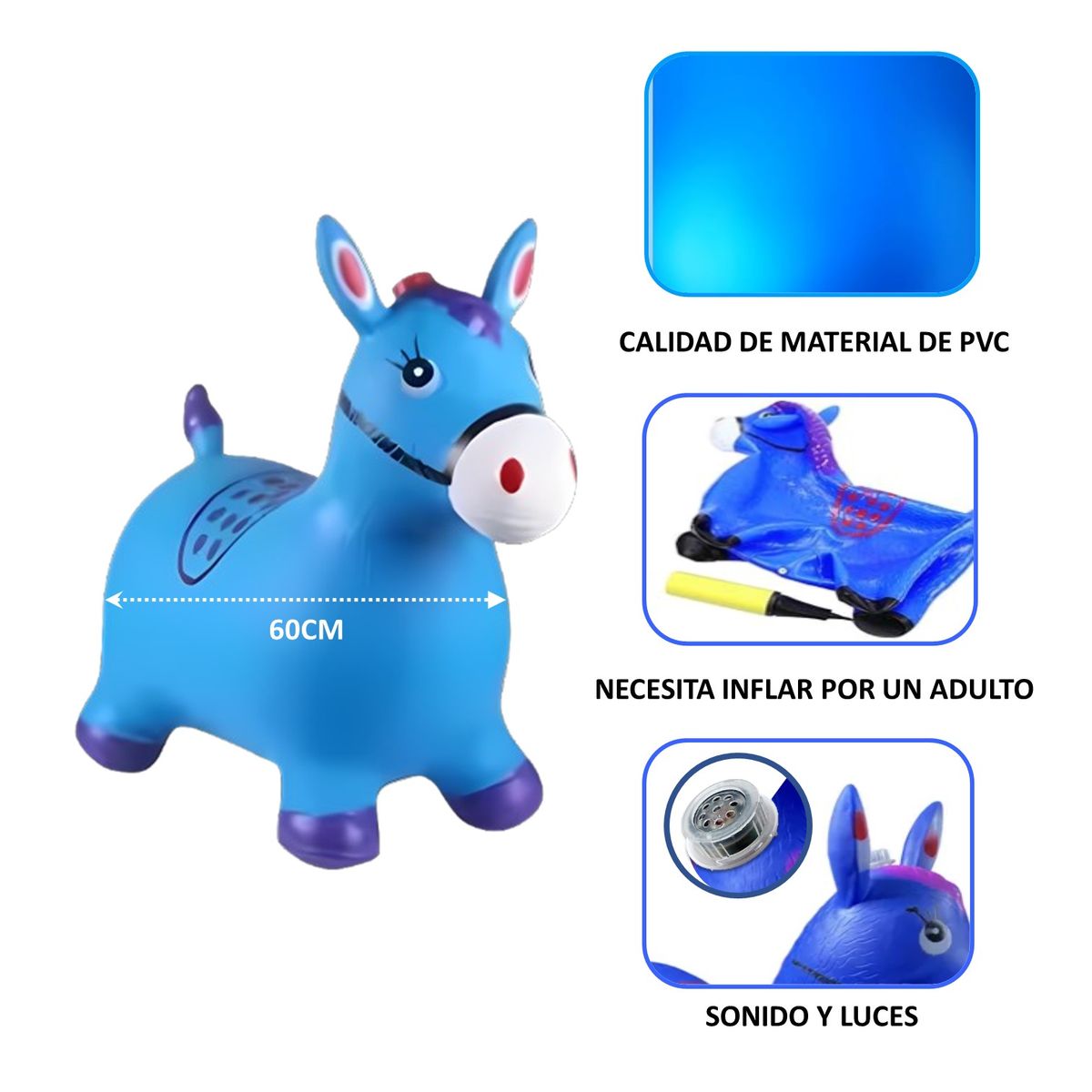 GENERICO - CABALLO SALTARIN INFLABLE PARA NIÑOS Y NIÑAS AZUL
