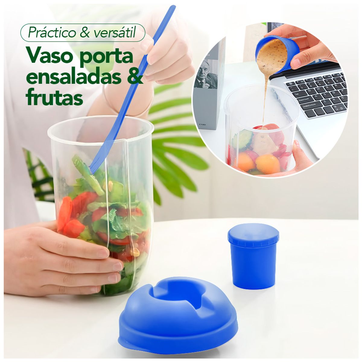 GENERICO - Vaso Mezclador Porta Ensaladas Frutas Cereales Yogurt con Tenedor AZ