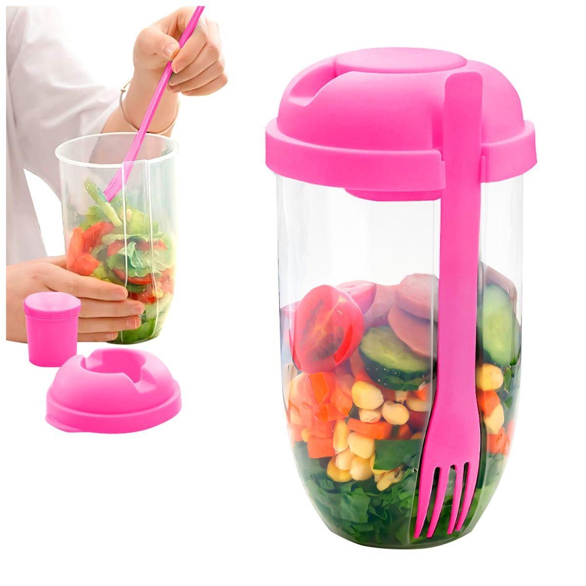 GENERICO - Vaso Mezclador Porta Ensaladas Frutas Cereales Yogurt con Tenedor RS