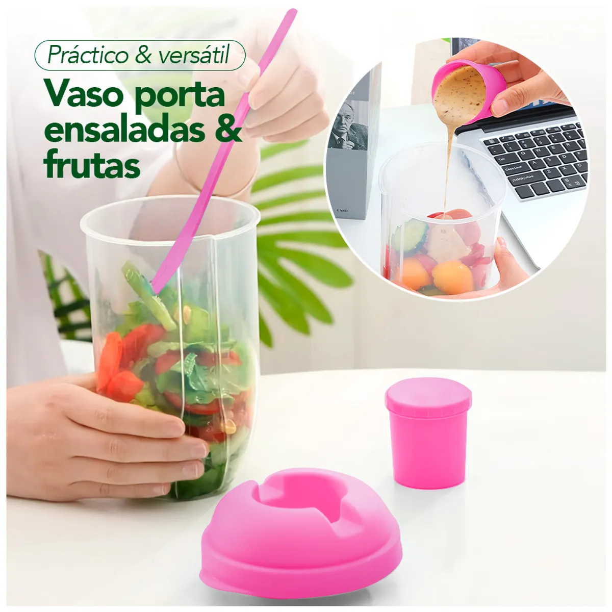 GENERICO - Vaso Mezclador Porta Ensaladas Frutas Cereales Yogurt con Tenedor RS