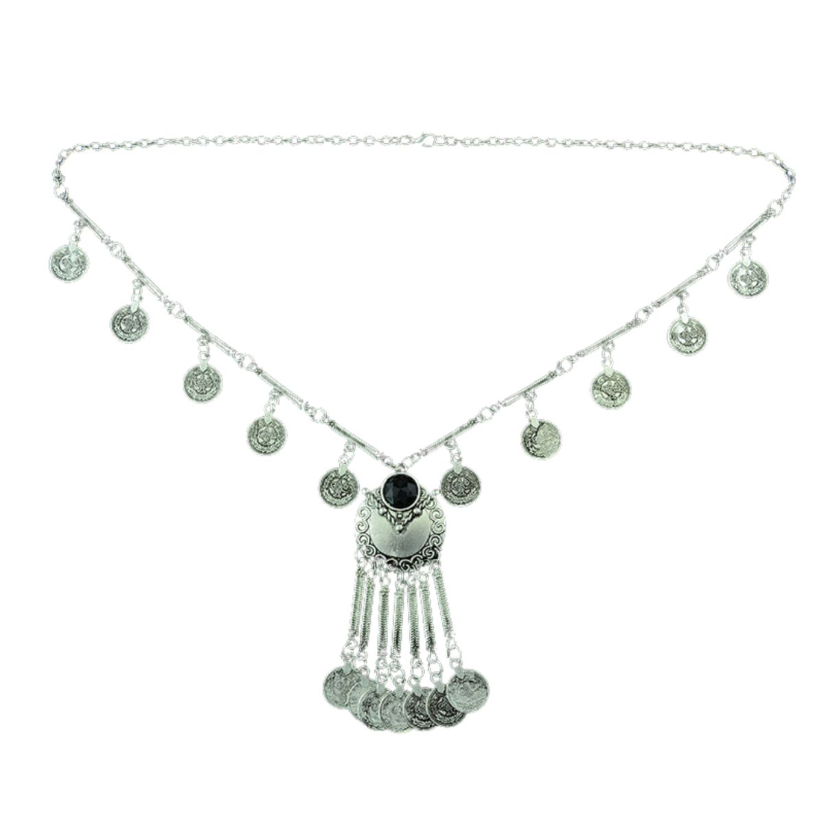 KAST PE - Collar Largo de Borla Dalia Plateado con piedra negra