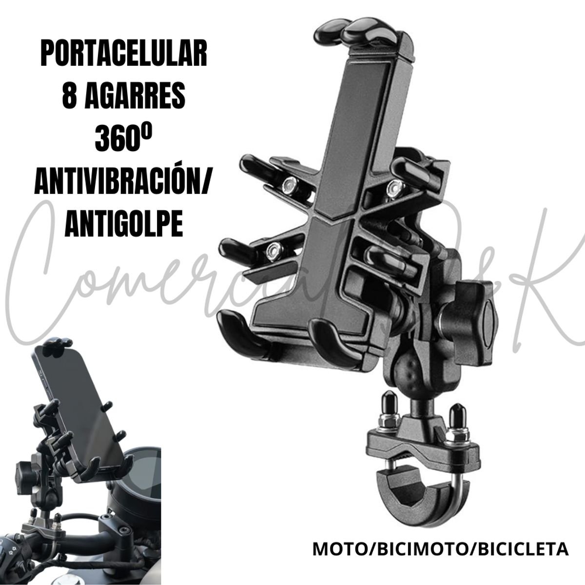 GENERICO - SOPORTE/PORTACELULAR 8 AGARRES 360º ANTIVIBRACIÓN MOTO