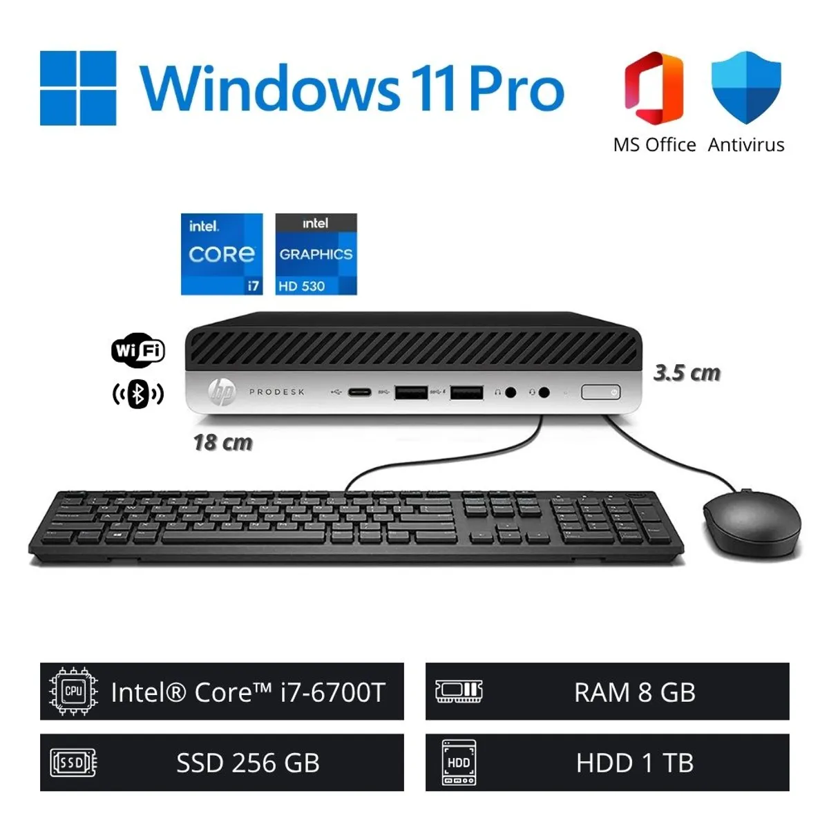HP - Computadora PC HP Mini 400G3 WiFi Intel Core i7-6700T 8GB RAM 256GB SSD+1TB HDD