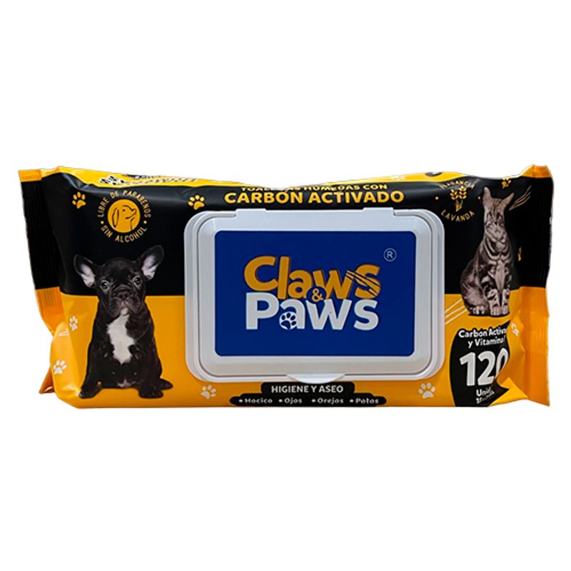 CLAWS & PAWS - CLAWS & PAWS TOALLITAS HUMEDAS CARBON ACTIVADO 120 UNIDADES 18 X 20  CM