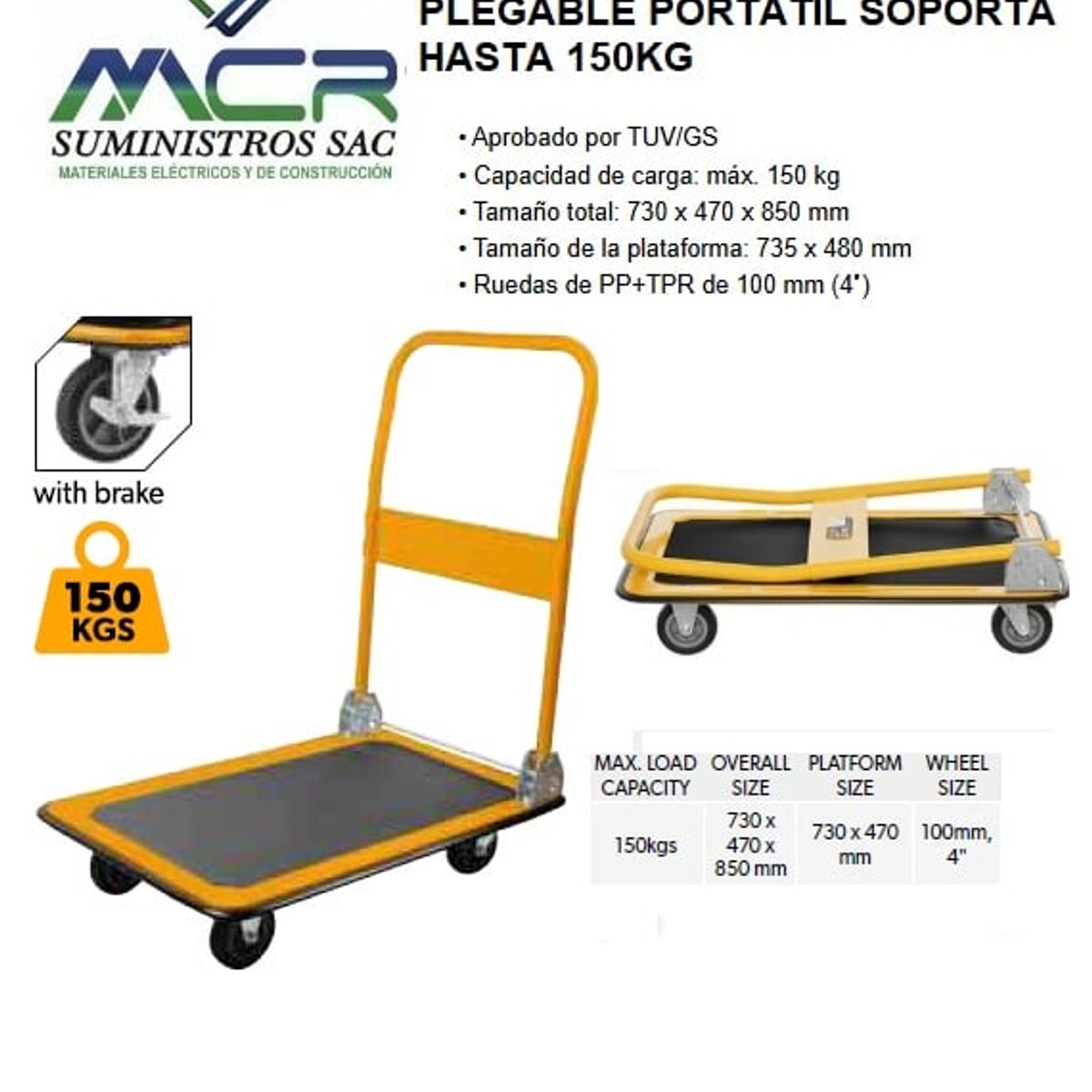 TOLSEN - CARRETA CON PLATAFORMA PLEGABLE PORTATIL CAPACIDAD HASTA 150KG