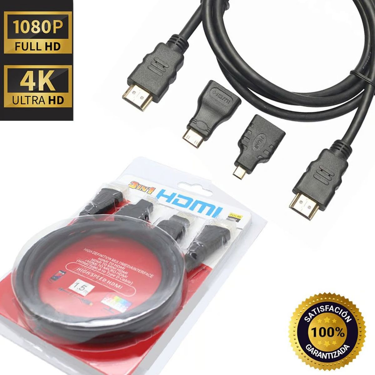 INTERLUD - Cable Hdmi 3 en 1 Adaptador Mini y Micro 1.5mt