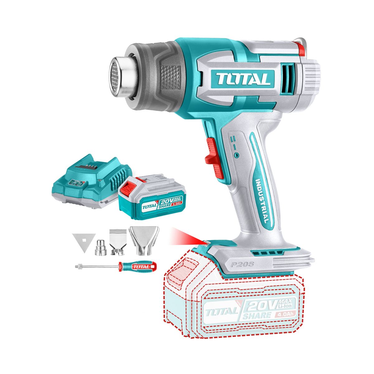 TOTAL TOOLS - Pistola de calor + bateria 5ah y cargador industrial Total