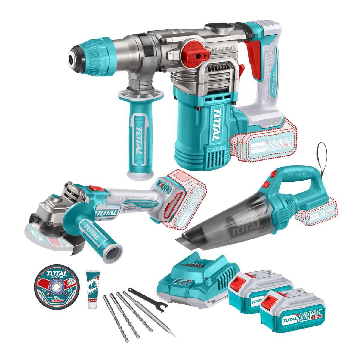 TOTAL TOOLS - Combo Rotomartillo + Amoladora + Aspiradora industrial Total