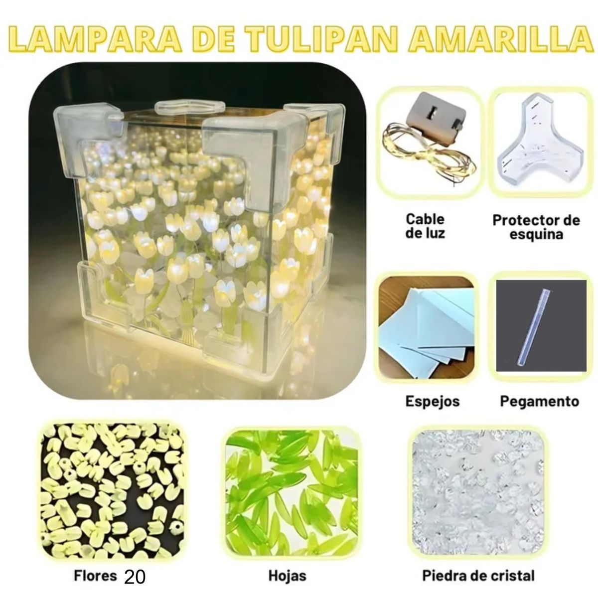 GENERICO - Cubo Lampara de tulipanes infinito con luz Amarillo