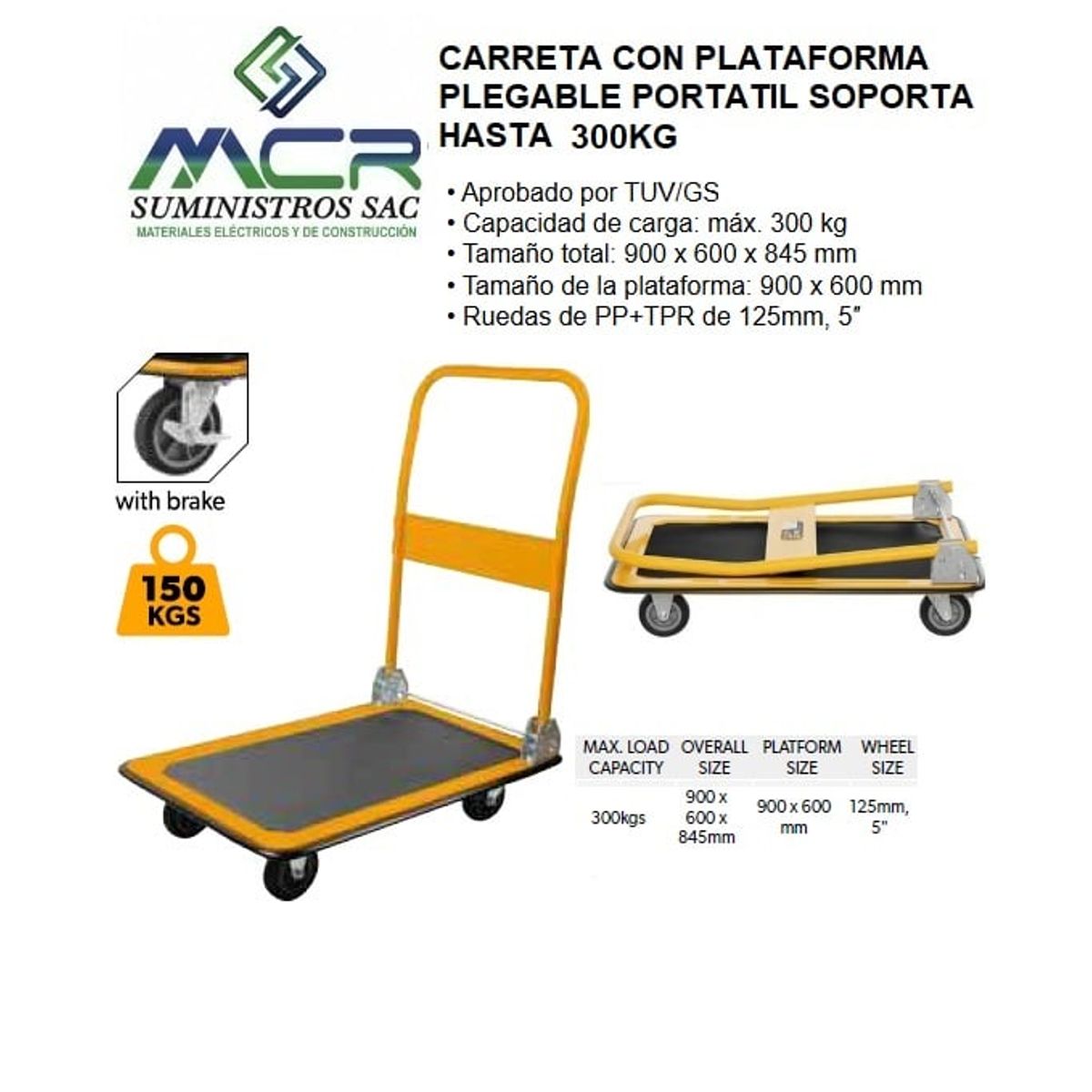 GENERICO - CARRETA CON PLATAFORMA PLEGABLE PORTATIL CAPACIDAD HASTA 300KG
