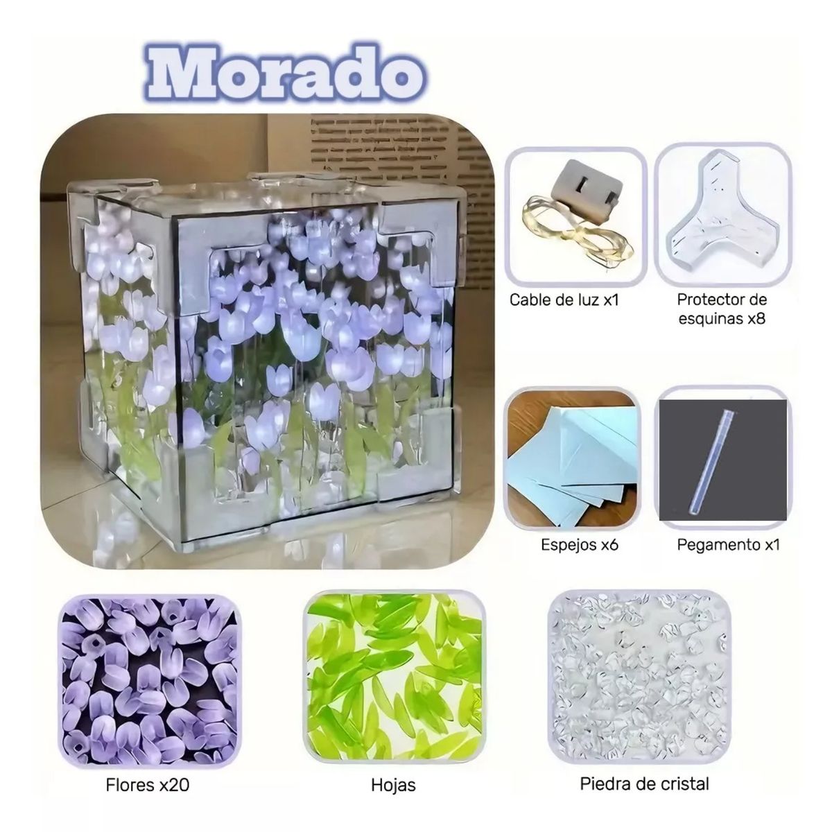 GENERICO - Cubo Lampara de tulipanes infinito con luz Morado
