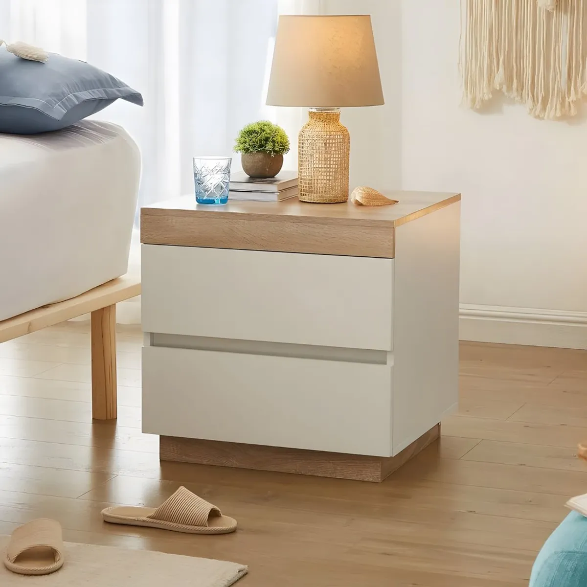 GENERICO - Velador Mesa de Noche Alba 2 Cajones Blanco y Duna Huk