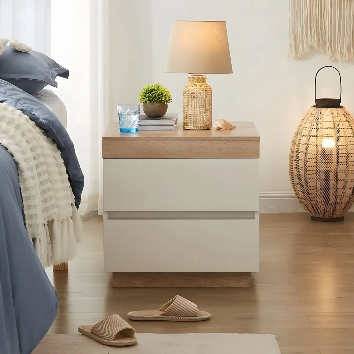 GENERICO - Velador Mesa de Noche Alba 2 Cajones Blanco y Duna Huk