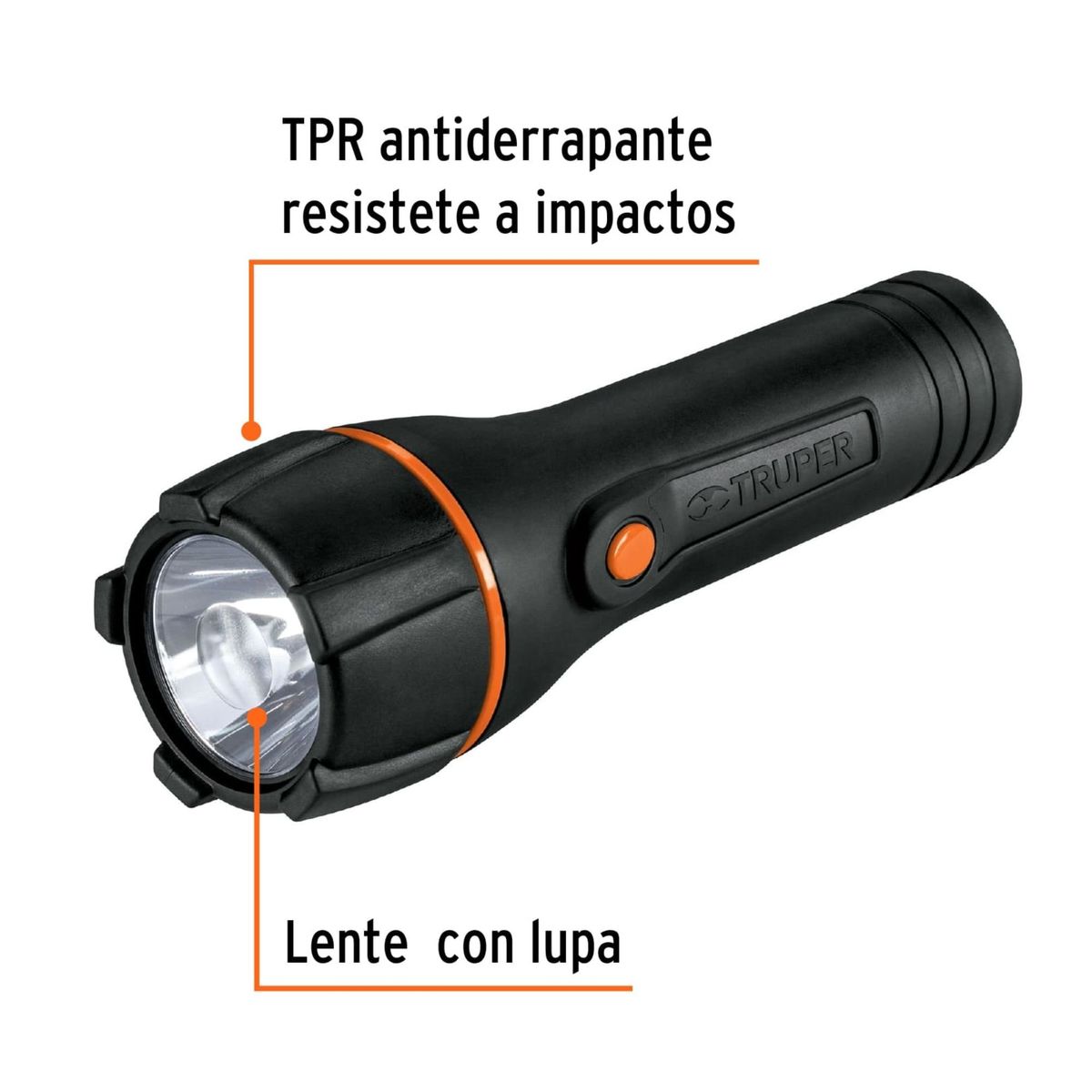 TRUPER - Linterna plástica 1 LED 180 lm con 2 pilas D, Truper