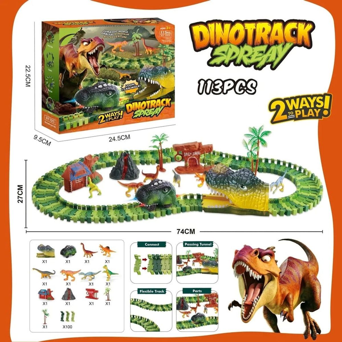 GENERICO - Pista Dinotrack Dinosaurio Luz LED Auto Navidad Genieka