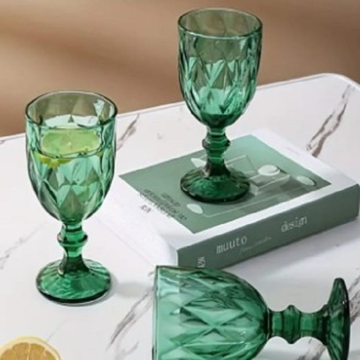 GENERICO - Set de Copas de 6 UNID labradas 220 ML VERDE PREMIUM