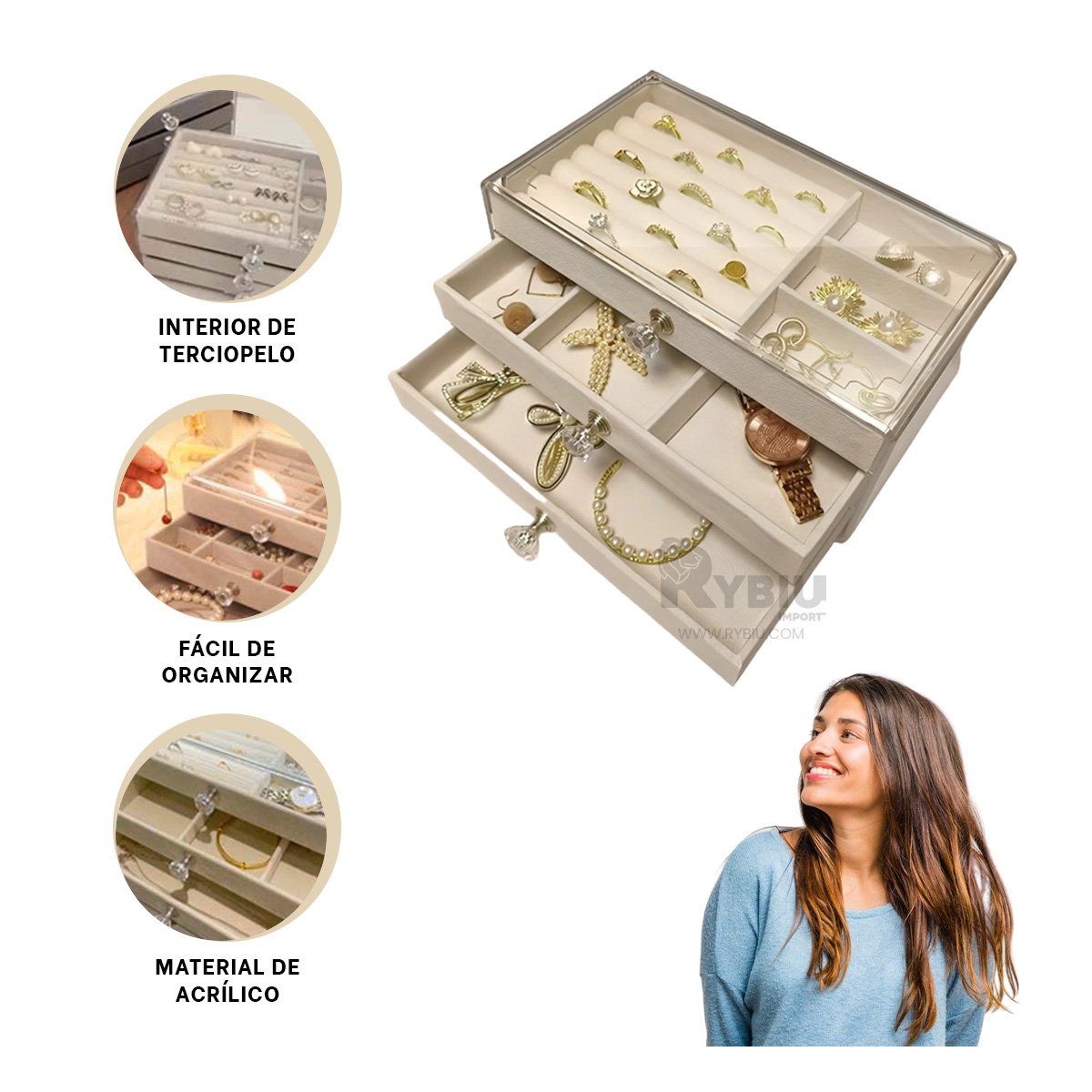 GENERICO - Guardajoyas Multiusos de 3 Niveles en Beige Y+Gift Stickers