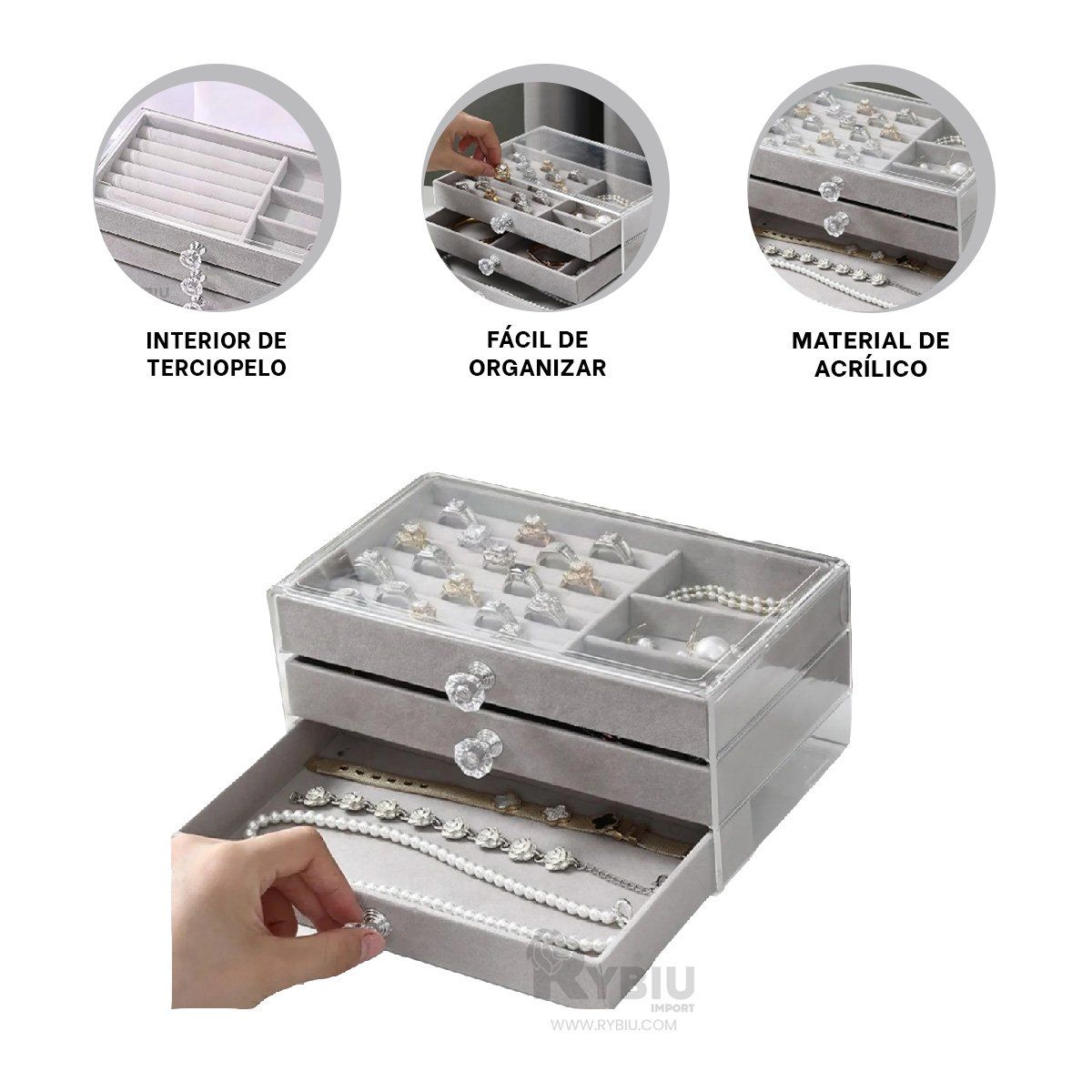 GENERICO - Guardajoyas de 3 Espacios en Tono Plomo Y+Regalo Agendita