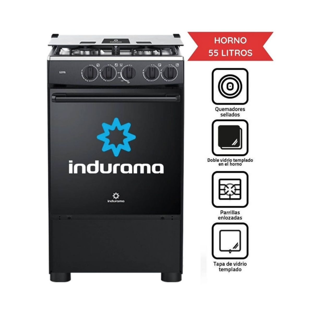 INDURAMA - Cocina a Gas Indurama 4 Hornillas Goya - Negra