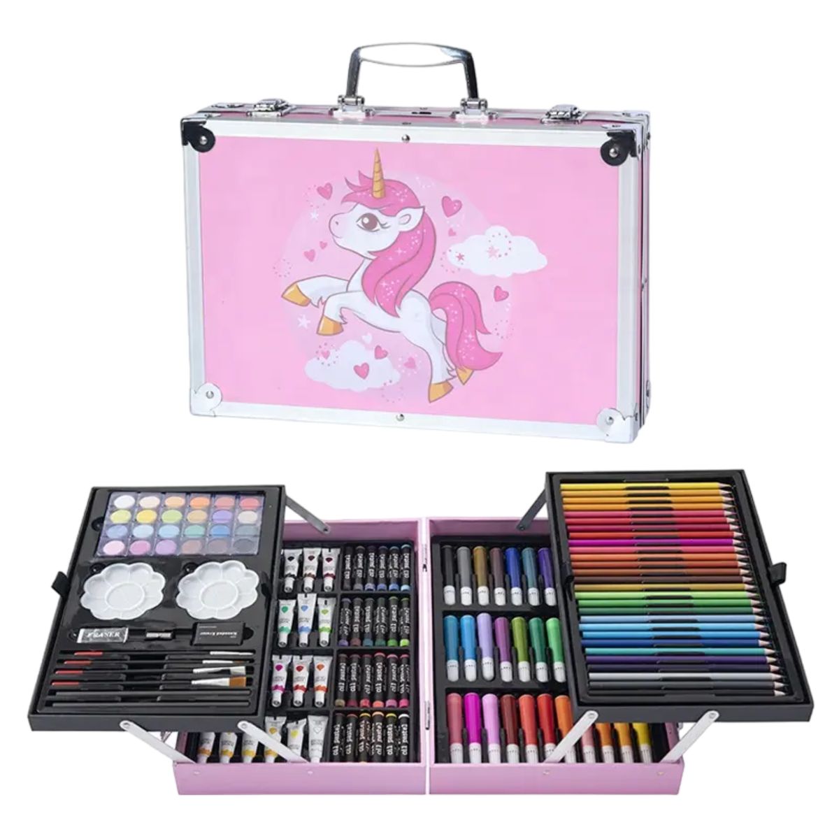 GENERICO - Set de Arte Maleta de Aluminio 145 Piezas Rosa