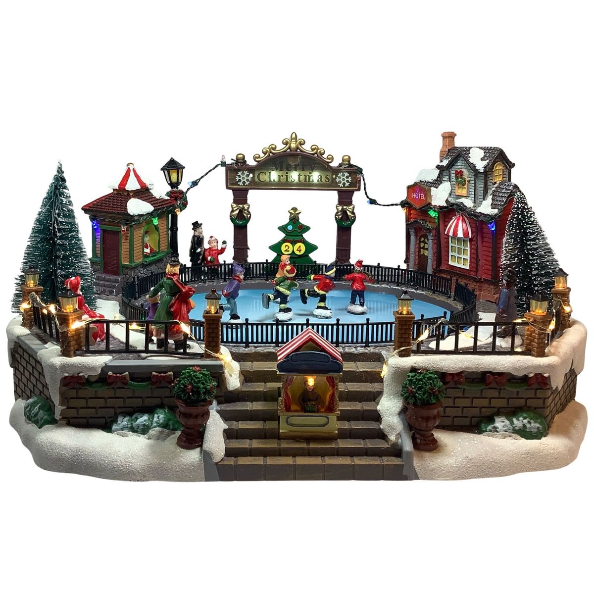 GENERICO - Villa navideña con pista de nieve 5 muñecos estilo europeo