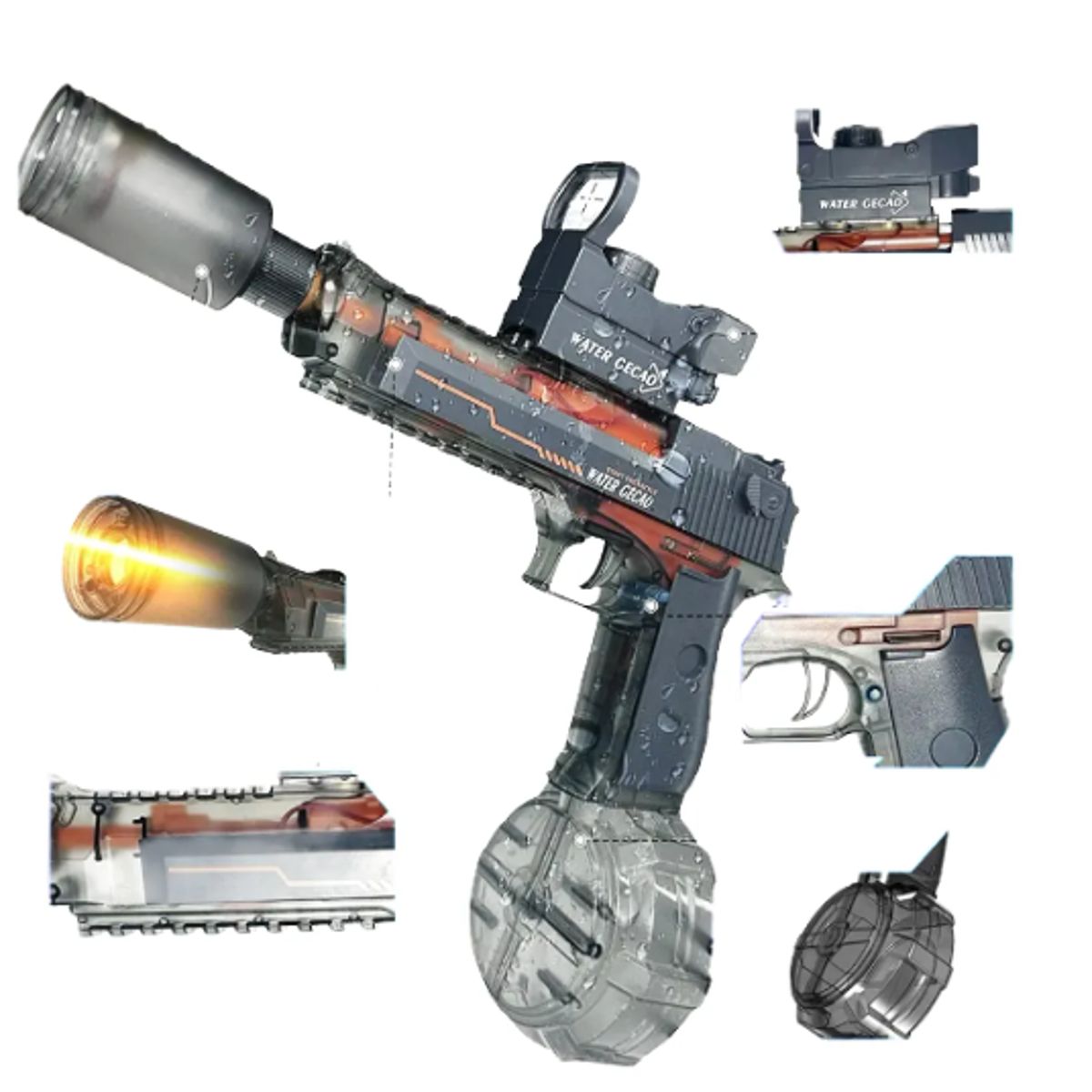 GENERICO - PISTOLA DE JUGUETE LANZA AGUA CON TRACER DE LUCES RGB SONIDO REALISTA