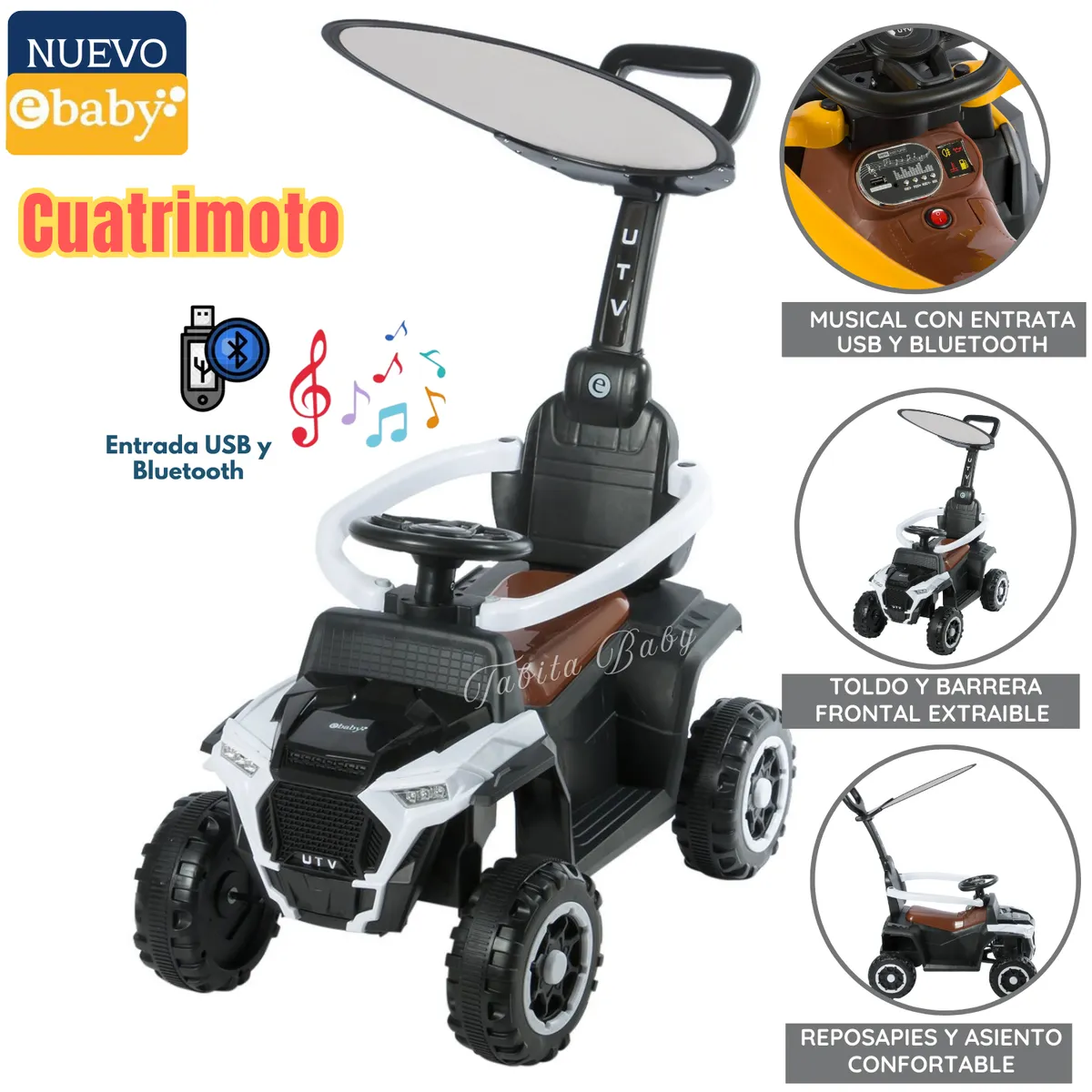 EBABY - Cuatrimoto Musical con Luces y Sombrilla Blanco