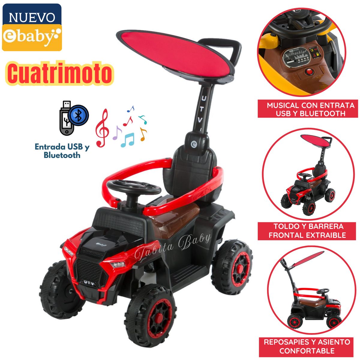 EBABY - Cuatrimoto Musical con Luces y Sombrilla Rojo