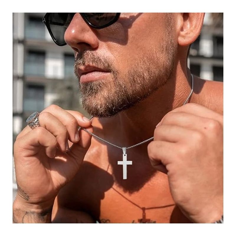 OEM - Collar Hombre Cruz Plana Mediana Acero Inoxidable Regala Navidad