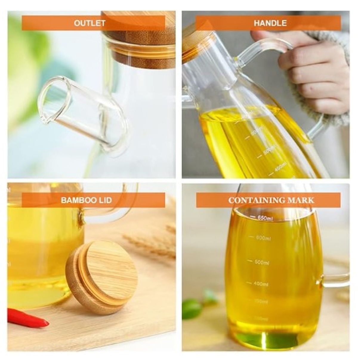 GENERICO - Dispensador de Aceite y Vinagre con tapa de bambu 1L