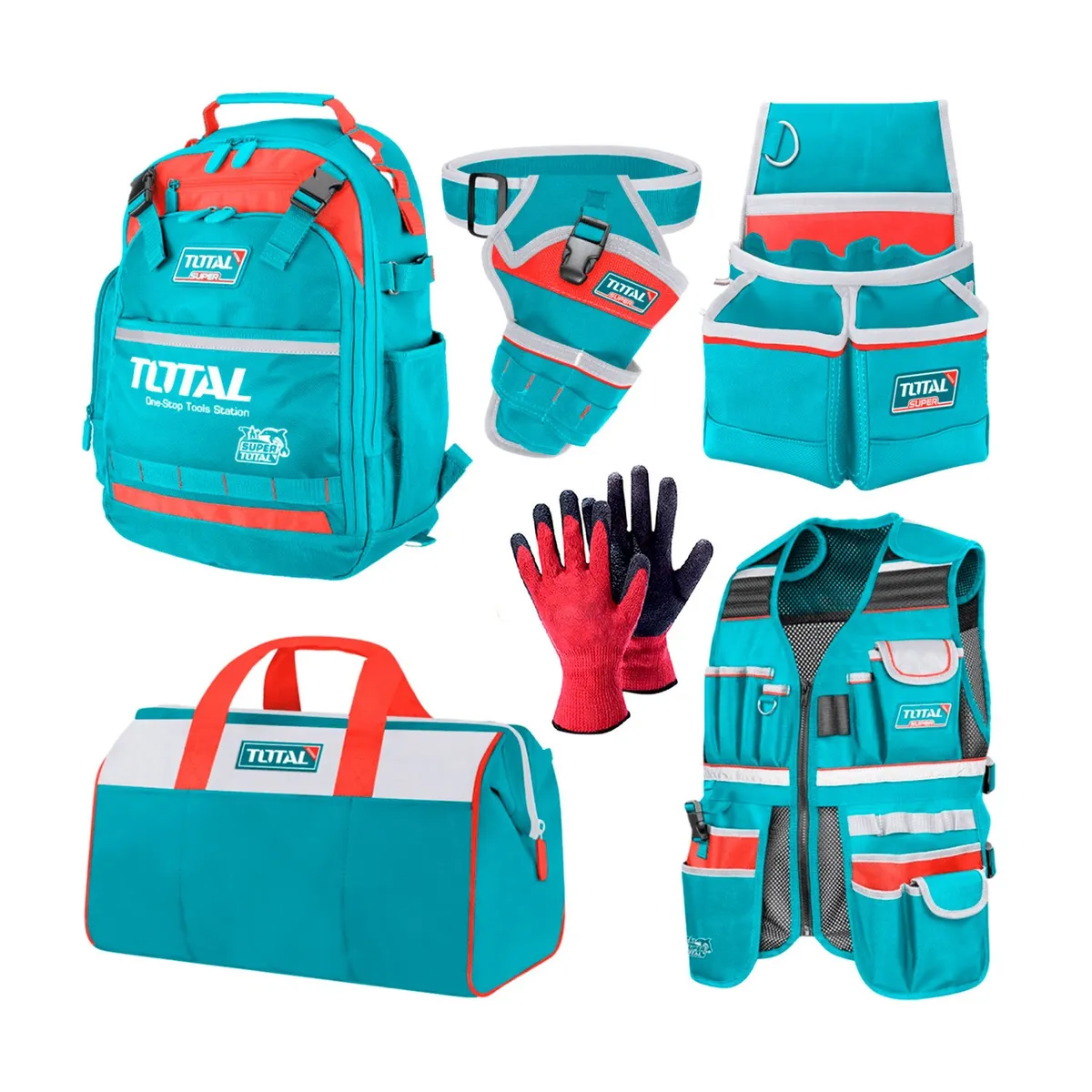 TOTAL TOOLS - SET X5 MOCHILA +MALETA +PORTA TALADRO HERRAMIENTA +GUANTES